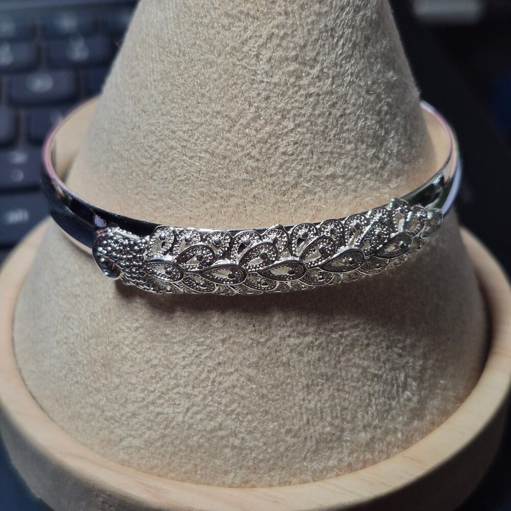 999 Fine Pure Silver Peacock Statement Cuff Bracelet Heavy Carved Artisan